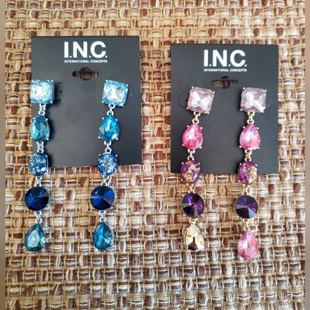 INC Long Drop Tower Earrings Royal Blue & Pink Purple 2 pairs NWT